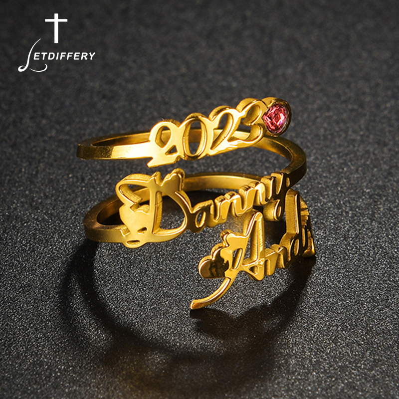 Couple Ring Set - Letdiffery Custom Birthstone Name Rings for