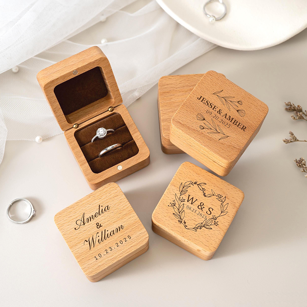 Couple Ring Set - Personalized Carved Wooden Ring Box Custom